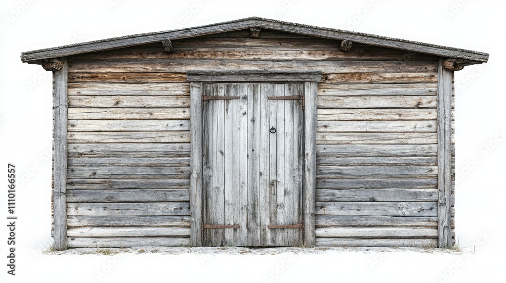 Aged wooden blockhouse with round log construction and rustic door on a white background suitable for architectural or 3D modeling projects Aged wooden blockhouse with round log construction and rustic door on a white background suitable for architectural or 3D modeling projects