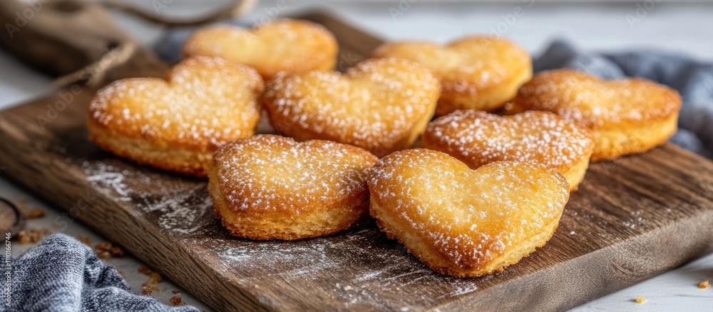Heart-shaped biscuits dusted with powdered sugar on a rustic wooden cutting board in a cozy kitchen setting Heart-shaped biscuits dusted with powdered sugar on a rustic wooden cutting board in a cozy kitchen setting