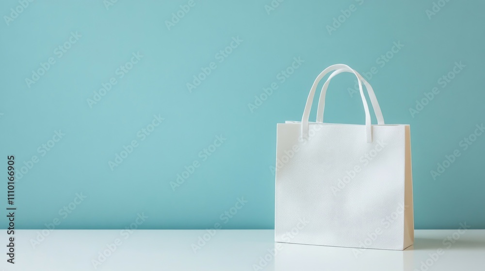 Blank white paper shopping bag on white table against teal background. Blank white paper shopping bag on white table against teal background.