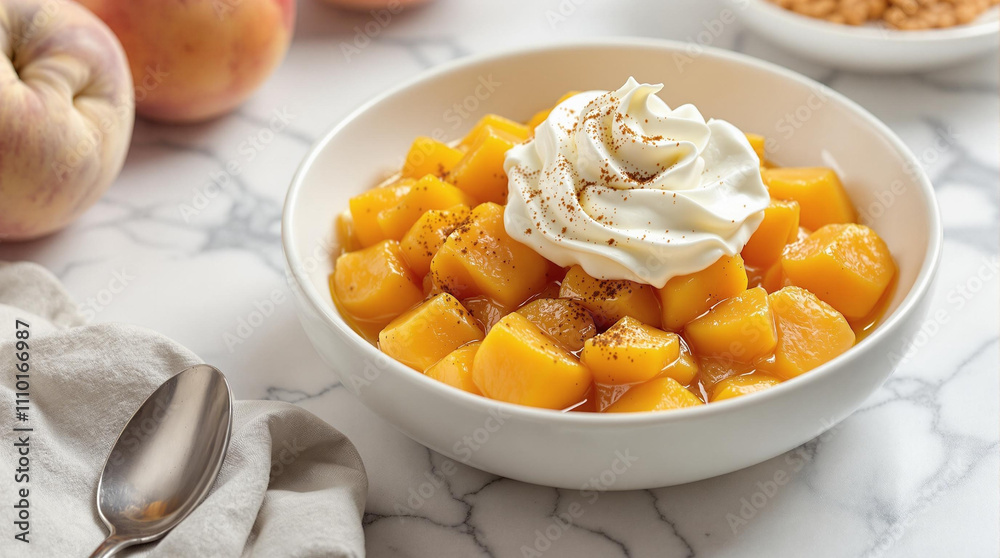 Peach compote with whipped cream on a marble background, sweet and delicious dessert concept Peach compote with whipped cream on a marble background, sweet and delicious dessert concept