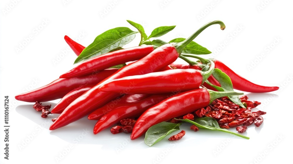 Red chili peppers with green leaves on a white background showcasing vibrant colors and freshness ideal for culinary or spice themes. Red chili peppers with green leaves on a white background showcasing vibrant colors and freshness ideal for culinary or spice themes.