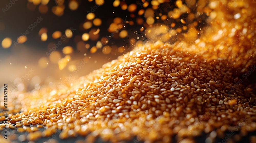 Golden sesame seeds falling gracefully against a dark background Golden sesame seeds falling gracefully against a dark background