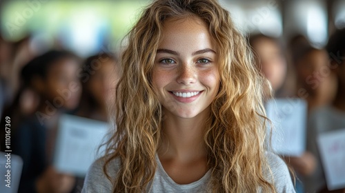 A smiling young woman with wavy hair stands in front of a group, radiating positivity.