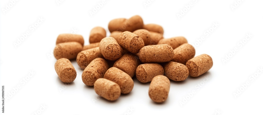 Cork pellets arranged on a clean white background showcasing natural texture and color perfect for packaging and eco-friendly themes Cork pellets arranged on a clean white background showcasing natural texture and color perfect for packaging and eco-friendly themes