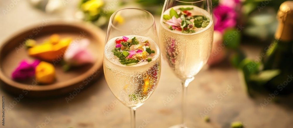 Elegant champagne glasses adorned with edible flowers and fresh herbs on a rustic table setting perfect for celebrations and special occasions. Elegant champagne glasses adorned with edible flowers and fresh herbs on a rustic table setting perfect for celebrations and special occasions.