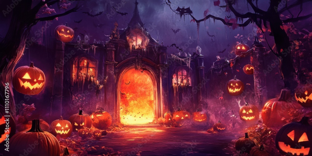 Enchanted Halloween Gateway: Spooky Night Scene with Jack-o'-lanterns and Mysterious Castle