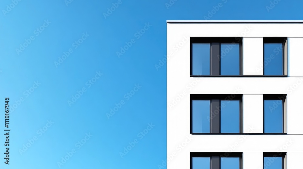 Modern apartment facade with windows against a clear blue sky offering ample copy space for design and advertising purposes Modern apartment facade with windows against a clear blue sky offering ample copy space for design and advertising purposes