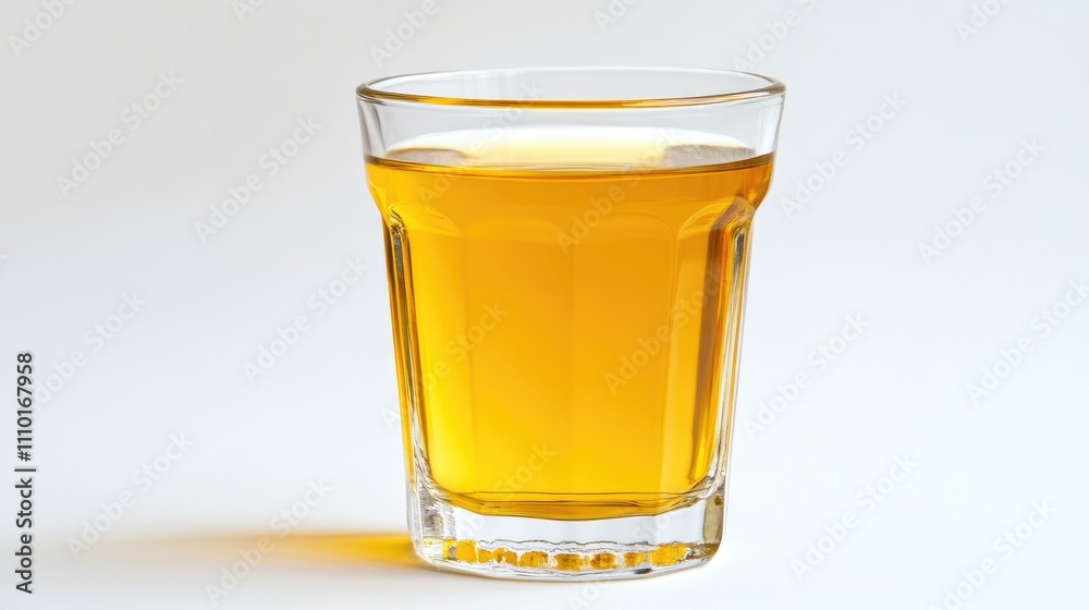 Freshly poured apple juice in a clear glass showcasing its vibrant color against a clean white background for beverage advertising.