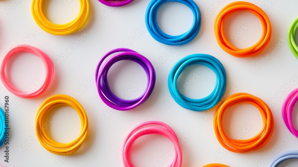 A bunch of colorful rubber bands are spread out on a white background A bunch of colorful rubber bands are spread out on a white background