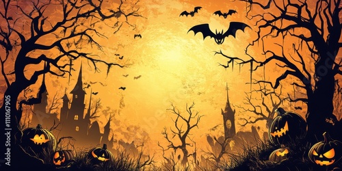 Spooky Halloween Night Scene with Haunted Castle Bats Pumpkins and Creepy Trees Underneath Orange Moon