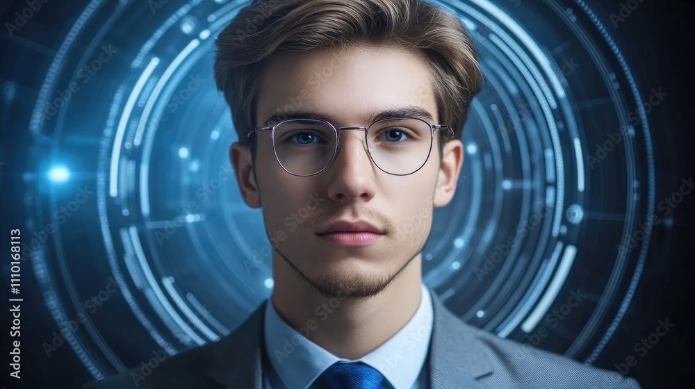 Businessman in suit with glasses in front of futuristic digital interface representing innovative creative process and technology concepts Businessman in suit with glasses in front of futuristic digital interface representing innovative creative process and technology concepts