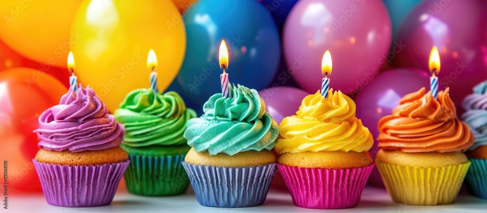 Birthday cupcakes with lit candles arranged on a stand alongside vibrant colorful balloons for a festive celebration atmosphere Birthday cupcakes with lit candles arranged on a stand alongside vibrant colorful balloons for a festive celebration atmosphere