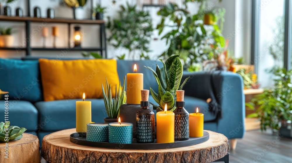 Aromatic candles and decorative plants on a coffee table in a stylish living room interior with vibrant colors and natural light. Aromatic candles and decorative plants on a coffee table in a stylish living room interior with vibrant colors and natural light.