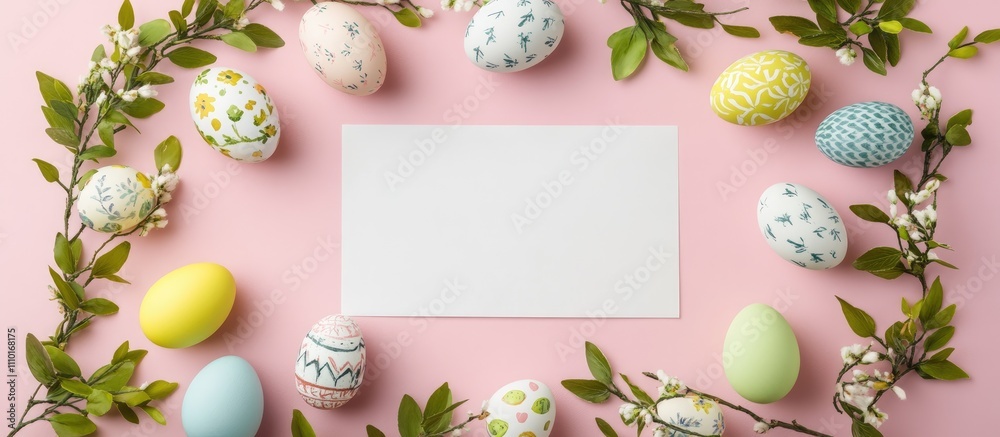 Easter egg arrangement with blank paper and green branches on pink background for holiday decor and seasonal celebrations Easter egg arrangement with blank paper and green branches on pink background for holiday decor and seasonal celebrations