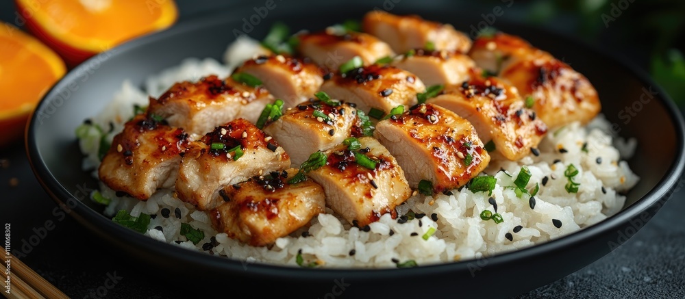 Asian chicken and rice dish elegantly served on a black plate with fresh orange slices and chopsticks for a vibrant dining experience