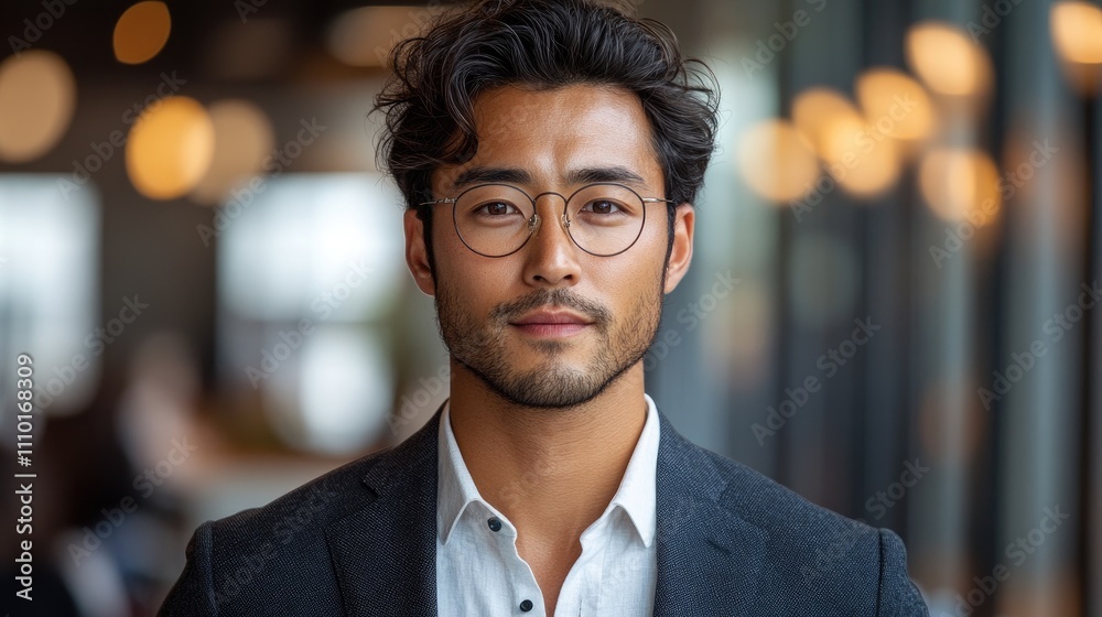 Confident Asian businessman in formal attire with glasses posing in a modern office setting against a blurred background of warm lights Confident Asian businessman in formal attire with glasses posing in a modern office setting against a blurred background of warm lights
