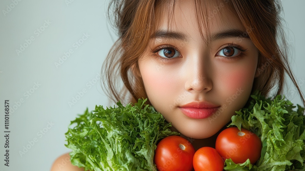Young woman with fresh vegetables expressing mixed emotions about healthy eating isolated on a neutral background.