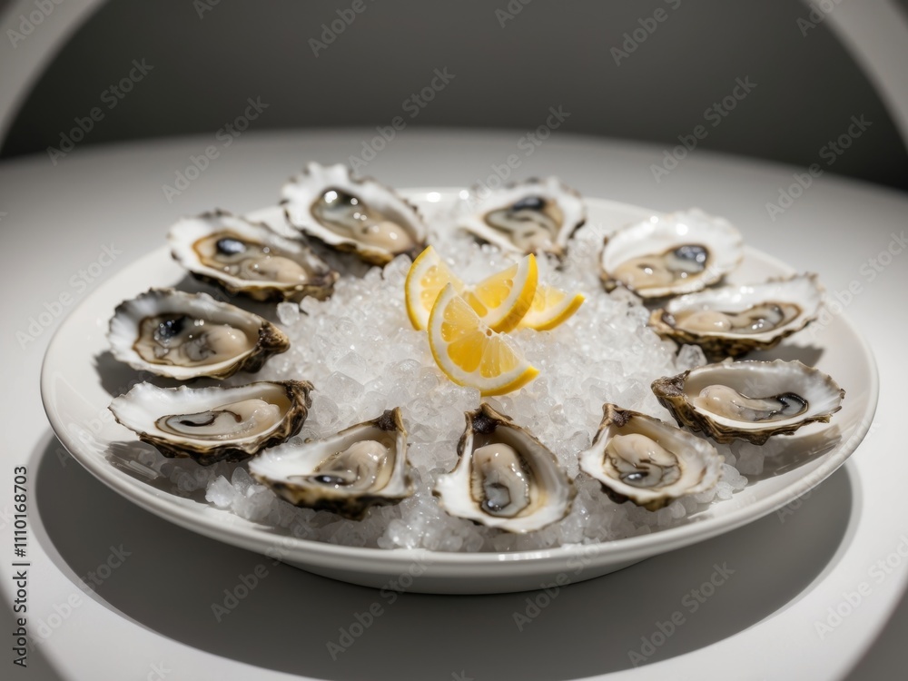 Fresh oysters on crushed ice with lemon wedges - seafood gastronomy concept for culinary design. Fresh oysters on crushed ice with lemon wedges - seafood gastronomy concept for culinary design.