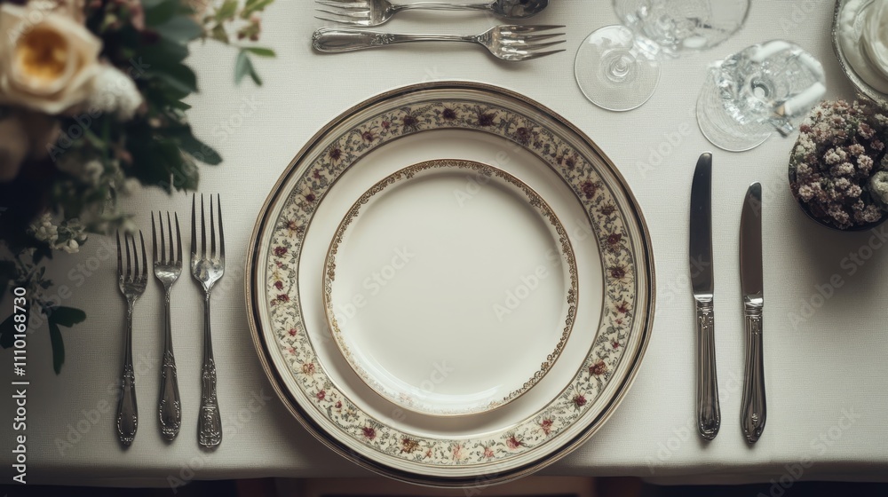 A table with a white tablecloth and a fancy dinner set A table with a white tablecloth and a fancy dinner set
