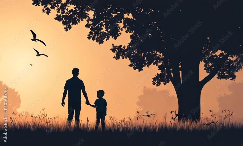 Silhouette of a parent and child walking hand-in-hand at sunset amidst nature. Silhouette of a parent and child walking hand-in-hand at sunset amidst nature.