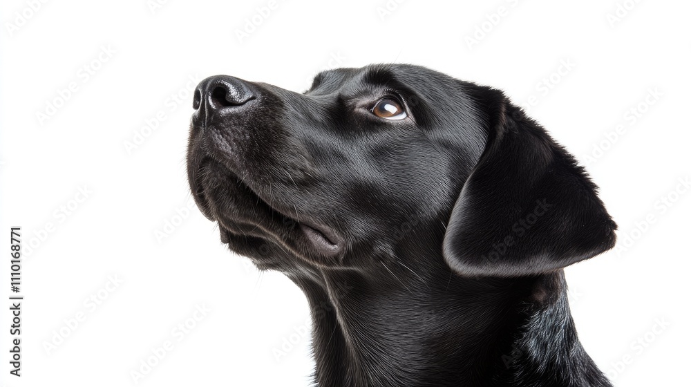 Loyal black Labrador dog looking upward with attentive expression on white background showcasing obedience and companionship in pets Loyal black Labrador dog looking upward with attentive expression on white background showcasing obedience and companionship in pets
