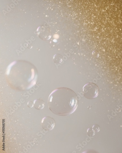 Enchanting Background of Floating Bubbles with Golden Glitter Effect. photo