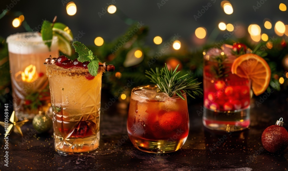 Four colorful cocktails with festive garnishes on a dark background with twinkling lights. Four colorful cocktails with festive garnishes on a dark background with twinkling lights.