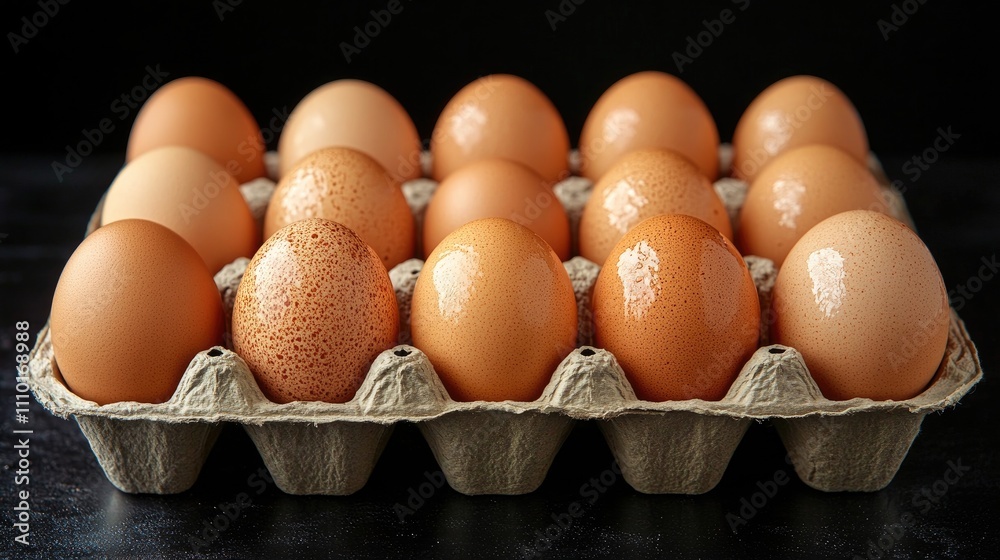 Fresh chicken eggs arranged on a carton tray with a sleek black background showcasing their natural colors and textures. Fresh chicken eggs arranged on a carton tray with a sleek black background showcasing their natural colors and textures.