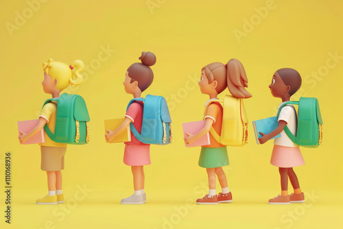 Schoolchildren of different races and cultures smile and hold books in their hands. 3D illustration, plasticine style. Solid yellow background. Friendship of peoples, education of children 