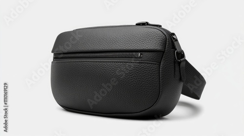 Stylish black waist bag with textured finish and adjustable belt strap on a neutral background for modern accessory branding. photo