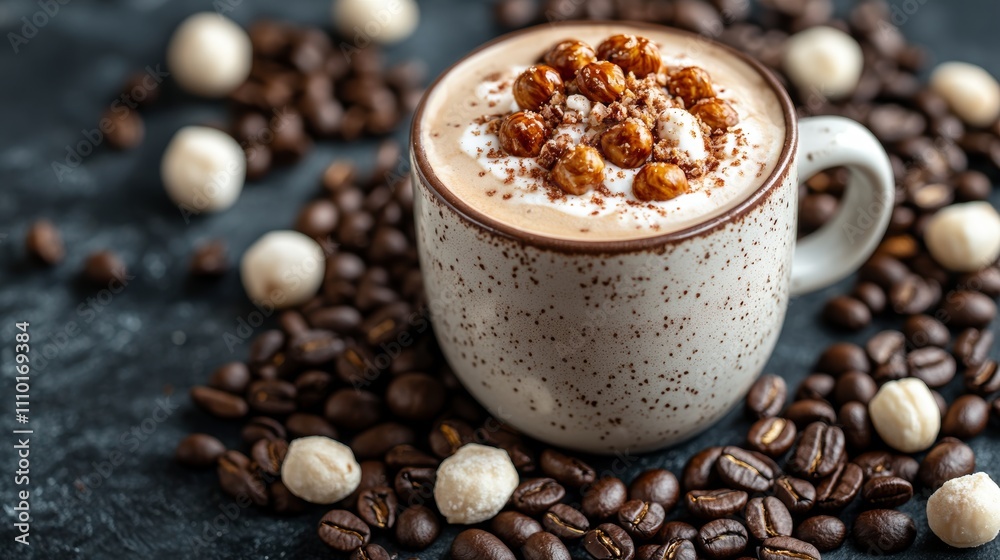 Melange coffee is a creamy, indulgent beverage topped with crunchy nuts, surrounded by a rich backdrop of coffee beans, creating a cozy and inviting atmosphere. Melange coffee is a creamy, indulgent beverage topped with crunchy nuts, surrounded by a rich backdrop of coffee beans, creating a cozy and inviting atmosphere.