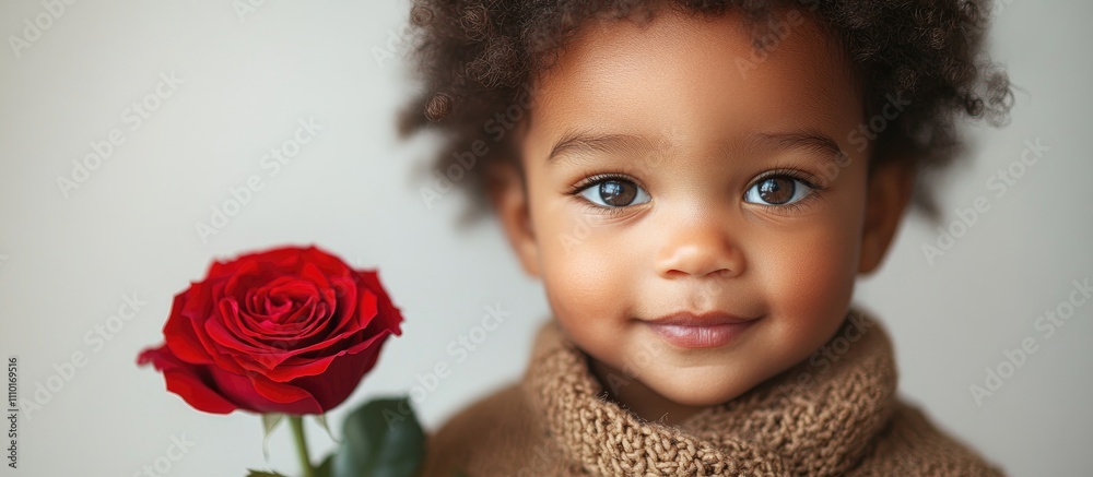 Cute baby boy in sweater holding a red rose with a charming expression against a neutral background symbolizing innocence and affection. Cute baby boy in sweater holding a red rose with a charming expression against a neutral background symbolizing innocence and affection.