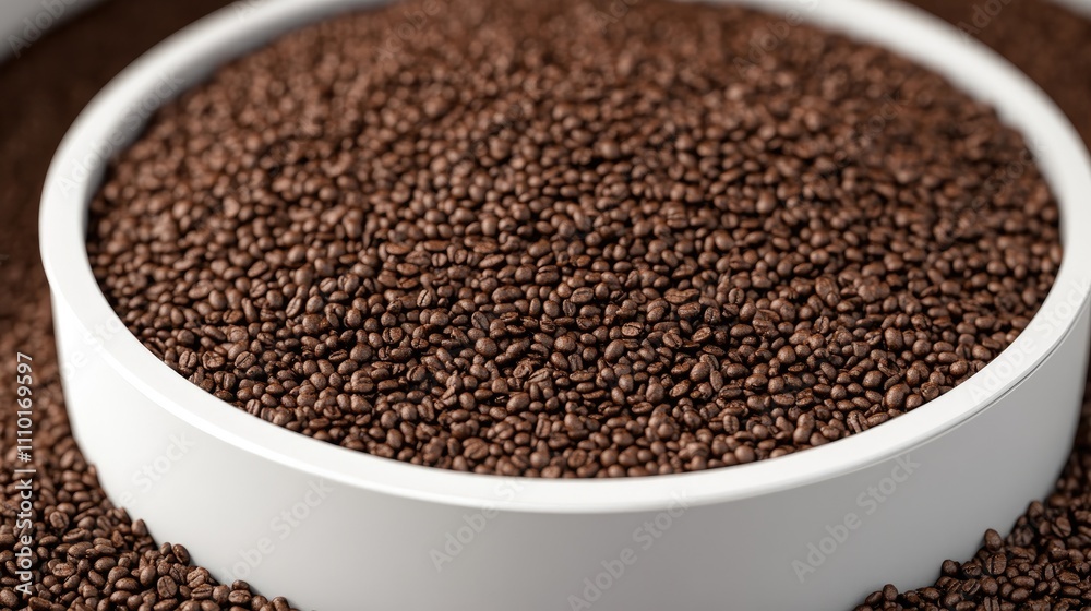 Close-up of roasted coffee beans in a white bowl with a blurred background highlighting the rich texture and color of the beans Close-up of roasted coffee beans in a white bowl with a blurred background highlighting the rich texture and color of the beans
