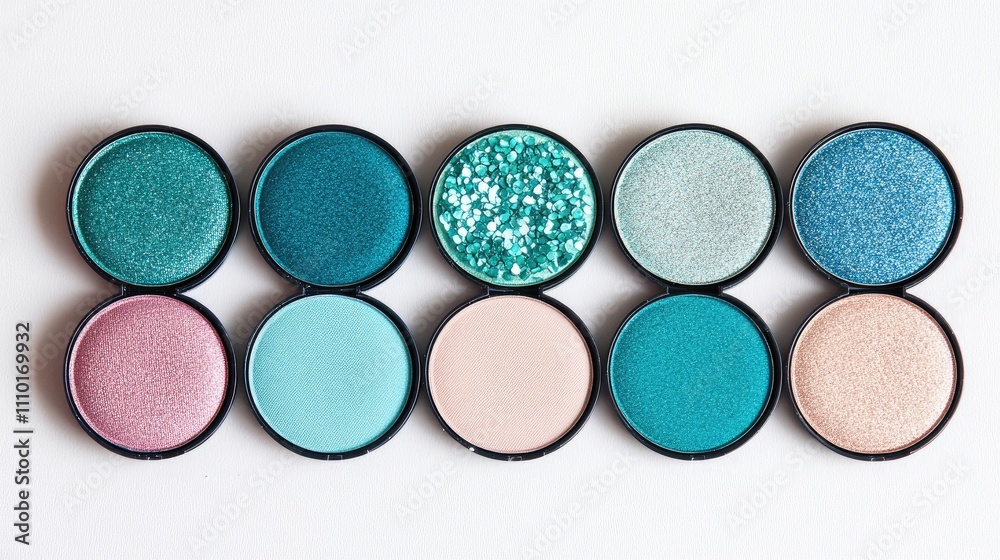 Vibrant blue eyeshadow palette with shimmer shades arranged on a white background for professional makeup applications and fashion trends Vibrant blue eyeshadow palette with shimmer shades arranged on a white background for professional makeup applications and fashion trends
