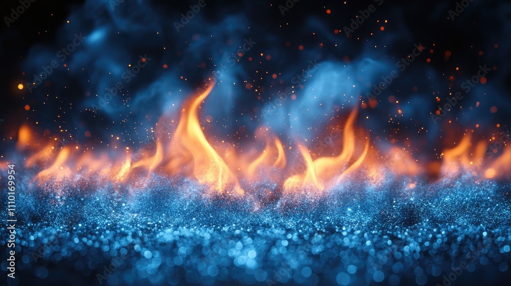 Blue firestorm with vibrant blue and orange flames on a dark background creating an abstract impression of real fire and glowing sparks Blue firestorm with vibrant blue and orange flames on a dark background creating an abstract impression of real fire and glowing sparks