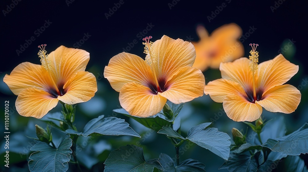 Obraz premium Vibrant yellow hibiscus flowers in full bloom against dark background