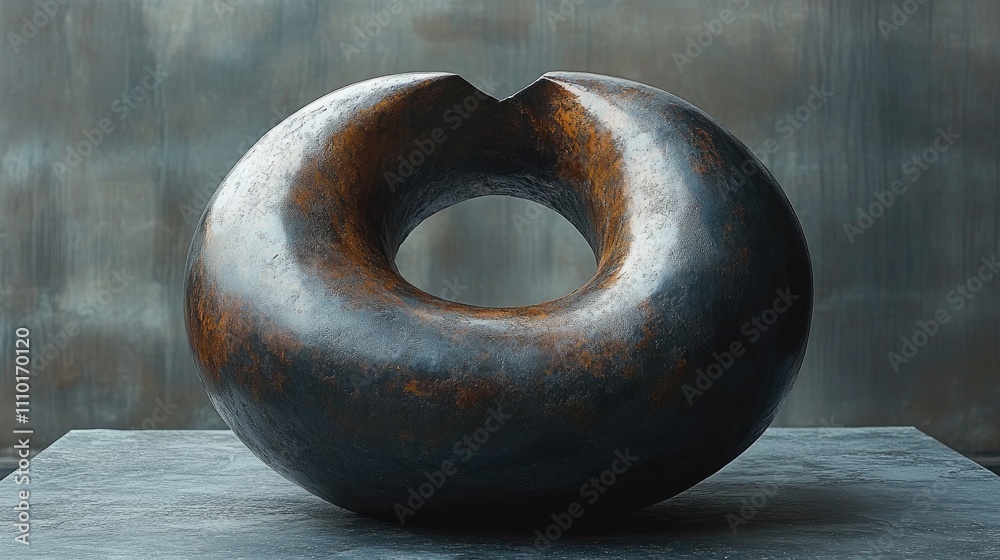 Abstract bronze sculpture resembling a bagel shape with a central void displayed on a textured background. Abstract bronze sculpture resembling a bagel shape with a central void displayed on a textured background.