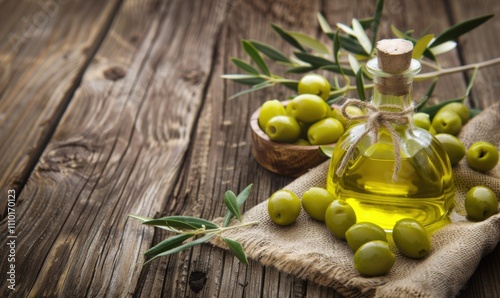Fresh Olive Oil with Green Olives on Rustic Wooden Table - Ideal for Culinary and Health Projects with copy space.