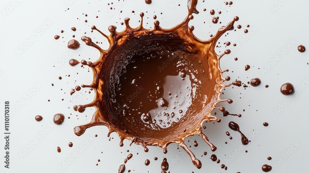 Chocolate milk splash with droplets on a light background captured from above showcasing liquid motion and texture Chocolate milk splash with droplets on a light background captured from above showcasing liquid motion and texture