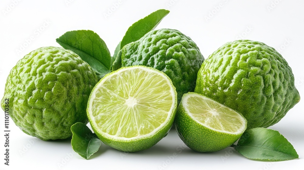 Fresh bergamot and lime with green leaves on a clean white background showcasing their vibrant colors and textures for culinary use. Fresh bergamot and lime with green leaves on a clean white background showcasing their vibrant colors and textures for culinary use.