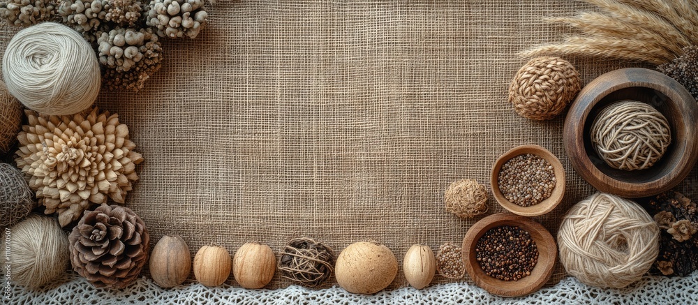 Crafting supplies flatlay featuring natural wood elements cotton lace and decorative items on a textured fabric backdrop with space for text Crafting supplies flatlay featuring natural wood elements cotton lace and decorative items on a textured fabric backdrop with space for text