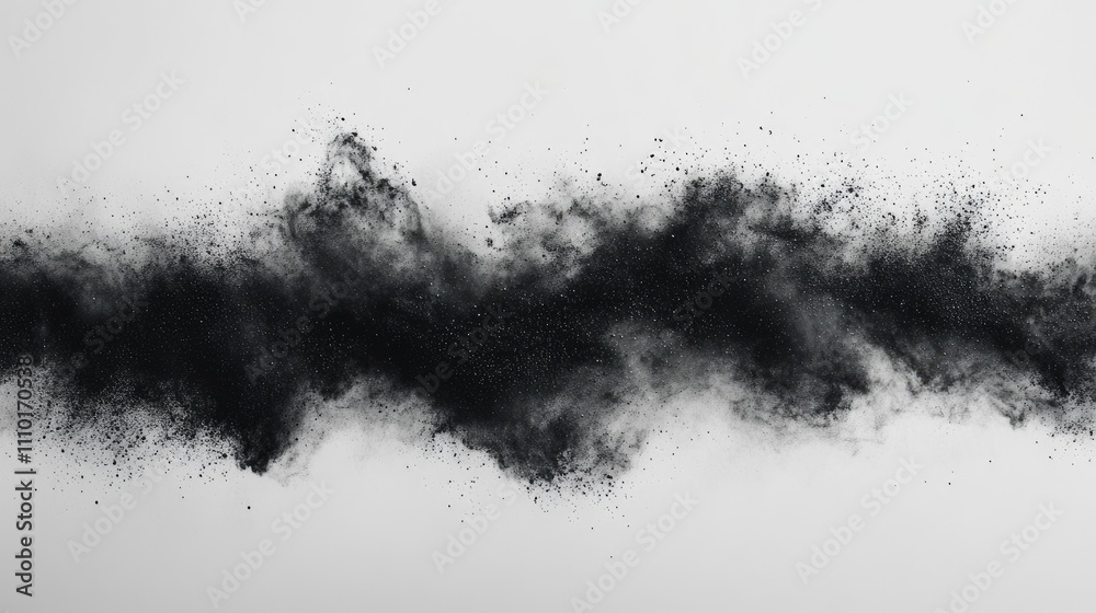 Abstract black powder explosion on a white background creating a dynamic dust wave texture for artistic and design purposes. Abstract black powder explosion on a white background creating a dynamic dust wave texture for artistic and design purposes.