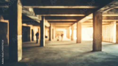 Blurry Scene of People Collaborating in a Construction Site Under Renovation with Exposed Pillars and Natural Light Filling the Space
