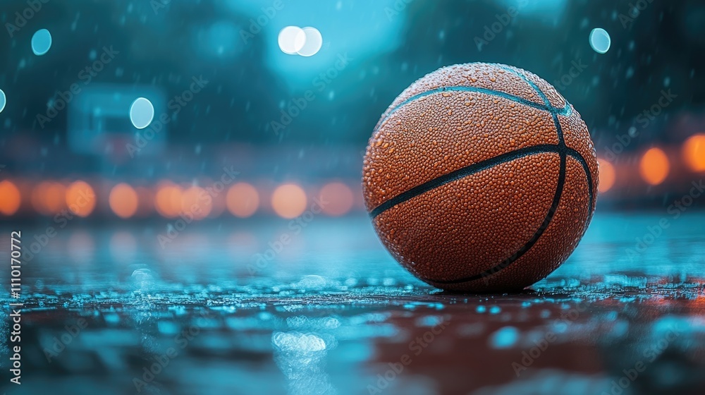 Basketball resting on wet court in stadium during rain with blurred background and soft bokeh lights creating a moody atmosphere Basketball resting on wet court in stadium during rain with blurred background and soft bokeh lights creating a moody atmosphere