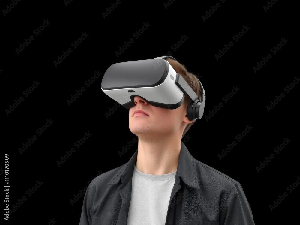 3D render of VR headset technology with man wearing virtual reality glasses on black background, EPS 10 available in portfolio, VR games, black background, VR games