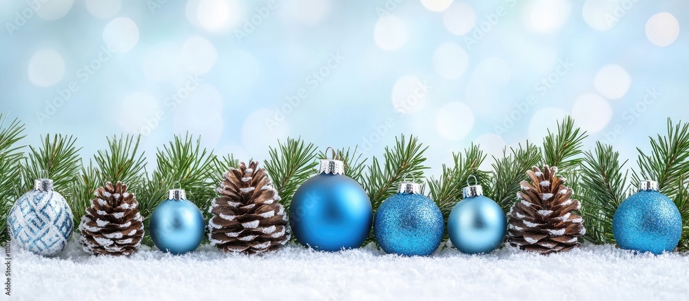 Festive Christmas and New Year decorations featuring blue ornaments pine cones and greenery against a shimmering bokeh background Festive Christmas and New Year decorations featuring blue ornaments pine cones and greenery against a shimmering bokeh background