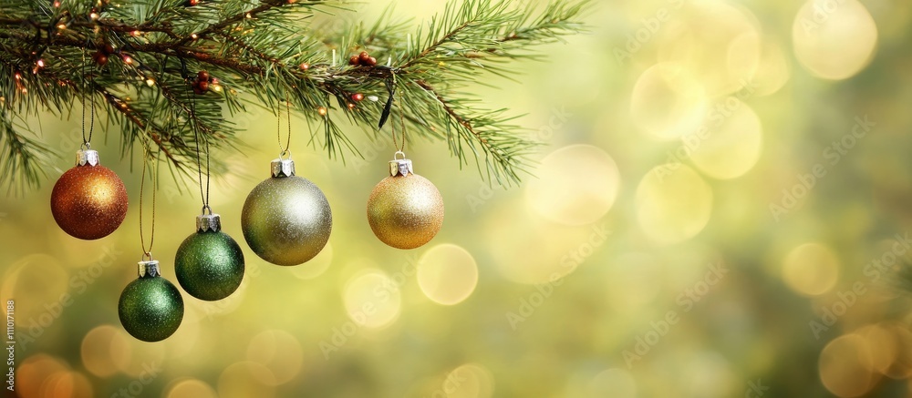 Festive Christmas Ornaments Hanging On A Pine Tree Branch With A Soft Bokeh Background For A Holiday Celebration Atmosphere Festive Christmas Ornaments Hanging On A Pine Tree Branch With A Soft Bokeh Background For A Holiday Celebration Atmosphere