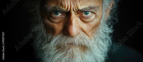 Elderly man with long beard expressing distress and chronic pain showcasing deep emotions and rich texture of aging and hardship photo