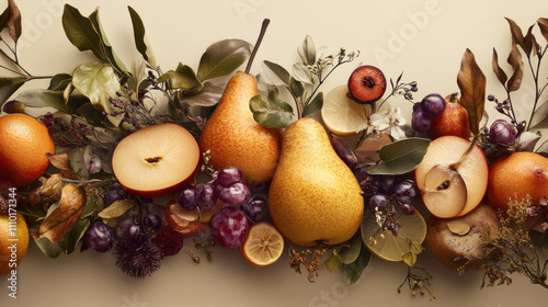 A creative depiction of Jo Malone English Pear & Freesia with autumnal tones and fruits --ar 16:9 --style raw --v 6.1 Job ID: deed5edf-dbb5-4aa7-81d7-0c22842cf849