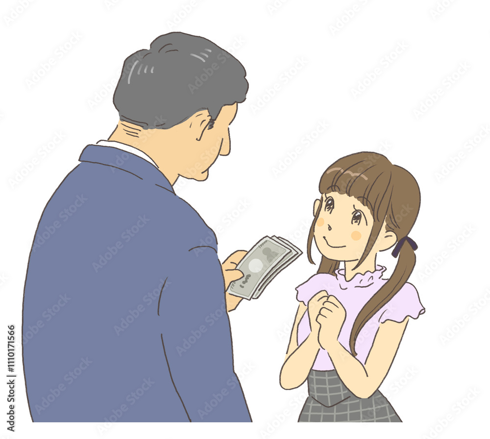 Fototapeta premium パパ活 援助交際でお金をもらう女の子のイラスト